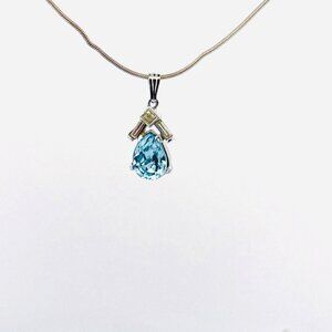 Vintage Estate Sterling Silver 925 Blue Topaz Pendant Necklace 17” Spring Ring,